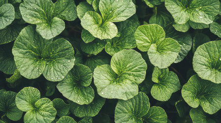 Explore the stunning beauty of lush green leaves sprinkled with water droplets, showcasing the freshness of nature in a serene outdoor space.の素材