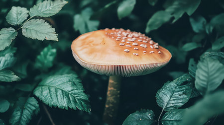 A stunning close-up view of a vibrant mushroom rising amidst lush green foliage, capturing the essence of nature's beauty in a tranquil forest environment.の素材