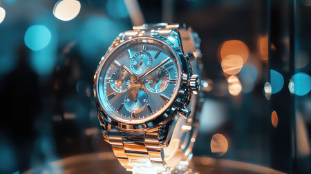 A beautifully crafted luxury chronograph watch is showcased against a blurred backdrop. The reflections and lighting enhance its elegant design, making it perfect for enthusiasts.の素材