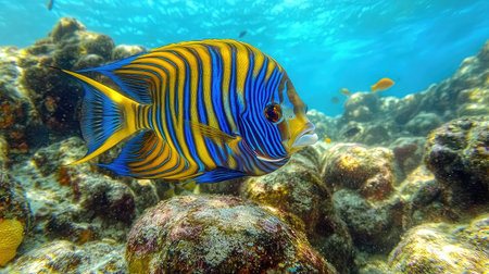 A striking tropical fish swims gracefully among vibrant coral formations in crystal clear ocean water, showcasing the beauty of marine life and biodiversity.の素材