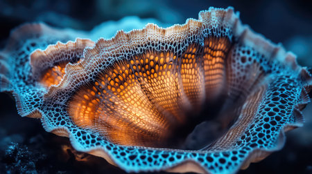 Captivating close-up view of a coral structure showcasing intricate patterns and vibrant colors in an underwater setting, emphasizing marine beauty.の素材