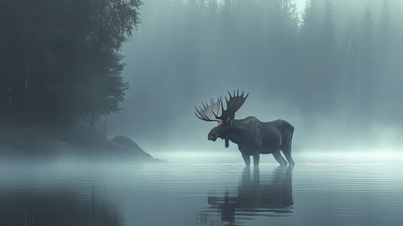 A majestic moose stands in still water amid a misty forest landscape, evoking a sense of peace and tranquility in this serene natural setting.の素材