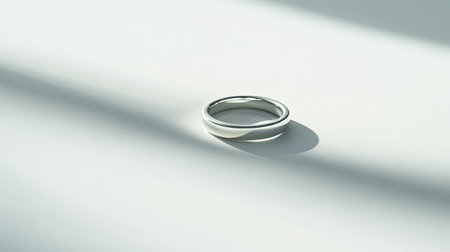 A stylish silver ring placed elegantly on a soft surface, showcasing its smooth design and reflective qualities with dramatic light and shadow.の素材