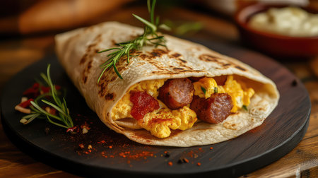 A delicious breakfast wrap featuring scrambled eggs, sausage, and fresh herbs, beautifully presented on a rustic wooden table, ideal for brunch lovers.の素材