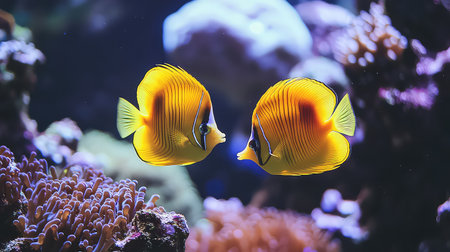 This stunning underwater scene captures two vibrant yellow butterfly fish swimming gracefully amidst a colorful coral reef, showcasing marine biodiversity and natural beauty.の素材