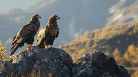 A stunning image of a pair of eagles perched on rocks, overlooking a serene mountain landscape at sunset, showcasing their majestic beauty and grace.の素材