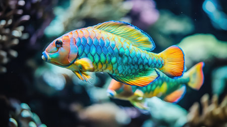 This stunning image captures a vibrant tropical fish swimming gracefully in a coral reef, showcasing its colorful scales and the enchanting underwater environment.の素材