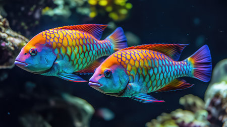 A stunning scene featuring vibrant tropical fish swimming gracefully in a colorful coral reef, showcasing the beauty of marine life and underwater ecosystems.の素材