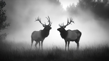 Two majestic stags stand gracefully in a foggy forest, their antlers silhouetted against a backdrop of mist. This serene scene captures the beauty and tranquility of wildlife in a monochrome landscape.の素材