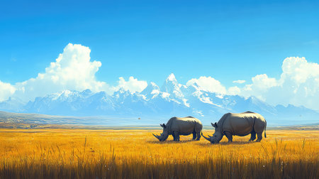 This captivating image showcases two rhinos peacefully grazing in a golden savanna under a clear blue sky, with majestic mountains in the background.の素材