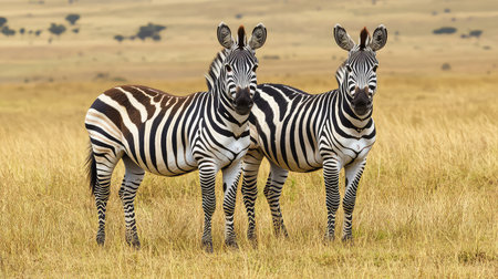A captivating image of two zebras standing closely together in a vast golden grassland. The vivid stripes contrast beautifully with the natural scenery, capturing the essence of wildlife.の素材