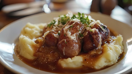Savory sausages atop creamy mashed potatoes, drizzled with rich gravy and garnished with fresh herbs, create the perfect comfort food dish.の素材