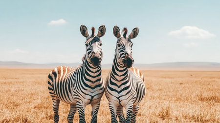 Two zebras stand closely in a picturesque grassland, showcasing their iconic stripes against a serene blue sky. A moment of wild elegance captured in nature.の素材