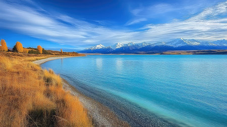 A breathtaking view of a serene mountain lake featuring turquoise waters and autumn foliage. This vibrant landscape captures the beauty of nature.の素材