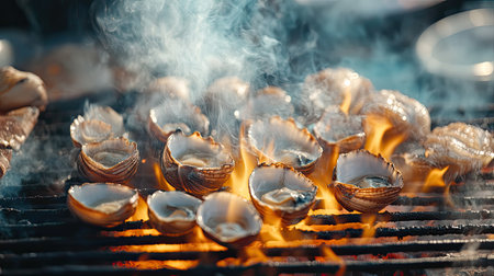 A vibrant scene showcasing grilled shellfish on a barbecue, with flames and smoke enhancing the flavors and aromas, perfect for summer gatherings.の素材