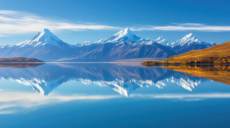 This breathtaking scene captures majestic mountains reflecting in a tranquil lake under a bright blue sky. A perfect outdoor landscape for nature lovers.の素材