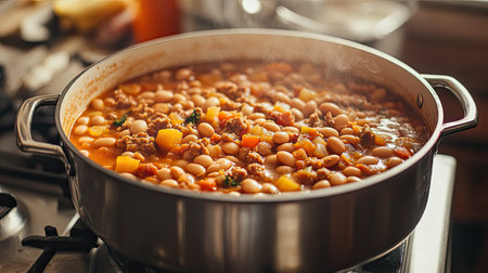 A vibrant pot of homemade bean stew simmers on the stove, filled with fresh vegetables and ground meat, perfect for a cozy meal at home.の素材