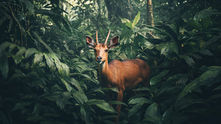 A stunning portrait of a young deer amidst verdant foliage in a tranquil rainforest, showcasing the beauty of wildlife and diverse ecosystems.の素材