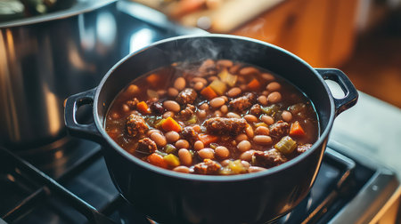 A steaming pot of hearty beef and bean stew cooks gently on a stove, radiating warmth and comfort in a cozy kitchen, perfect for family meals.の素材