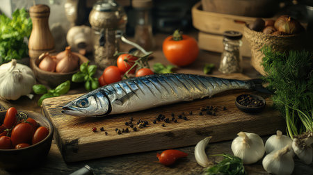 This image features a whole mackerel fish elegantly displayed on a wooden table, surrounded by vibrant vegetables and fresh herbs, capturing the essence of home cooking.の素材