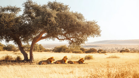A group of regal lions lounging beneath a wide tree in the golden savanna, capturing the essence of wild beauty and the tranquility of natural settings.の素材