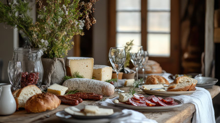 A beautifully arranged rustic dining table showcasing a variety of cheeses, cured meats, fresh bread, and wine glasses, set in a cozy environment.の素材