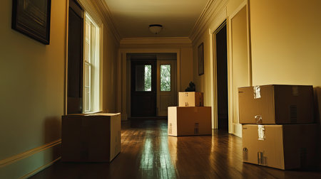 A well-lit hallway featuring cardboard moving boxes, capturing the essence of relocation and new beginnings in a spacious home setting.の素材