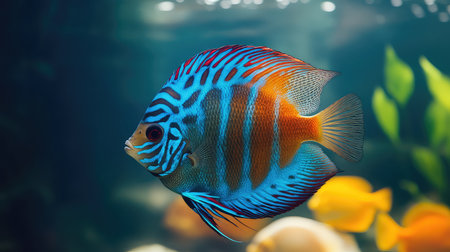 This stunning image showcases a vibrant tropical fish with striking blue and orange hues swimming gracefully through a colorful underwater scene, highlighting the beauty of aquatic life.の素材