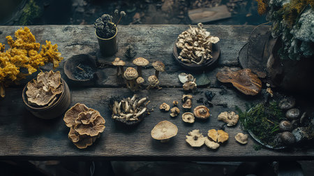 A captivating display of various forest mushrooms arranged artfully on a rustic wooden table, highlighting the beauty of nature's diversity and organic textures.の素材