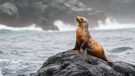 A majestic sea lion rests on a rock by the ocean, surrounded by misty waves and a beautiful coastal landscape, showcasing the serene beauty of marine wildlife.の素材