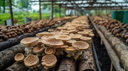 A vibrant scene showcasing fresh organic mushrooms growing in a greenhouse. Rows of mushrooms flourish on wooden logs, illuminated by natural light, highlighting the intricate details of their caps.の素材