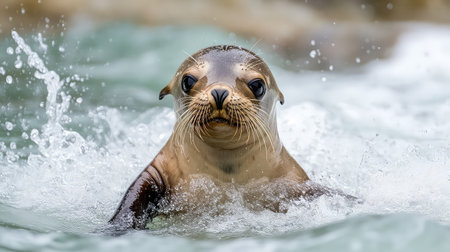 This captivating image features a curious seal emerging from the water, showcasing its playful demeanor and distinctive whiskers in a natural aquatic setting.の素材