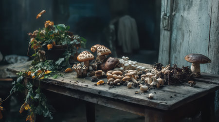 A captivating arrangement of various fresh mushrooms and wild plants on a rustic wooden table. The natural light enhances the earthy tones, creating an inviting atmosphere perfect for culinary inspiration.の素材