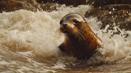 A captivating sea lion breaks through the waves, showcasing its striking features and playful spirit amidst a rugged coastal scenery.の素材