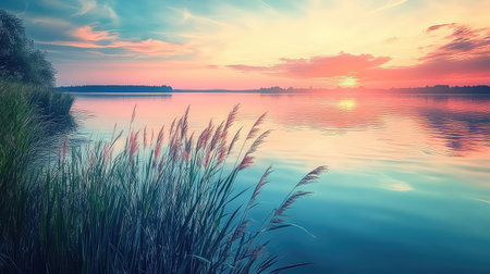 A breathtaking view of a calm lake at sunset, showcasing vibrant colors in the sky and lush green grass along the water's edge, evoking tranquility.の素材