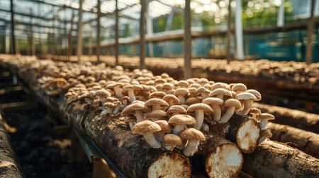 A vibrant scene of freshly grown mushrooms thriving on wooden logs inside a greenhouse illuminated by natural sunlight, showcasing agricultural practices.の素材