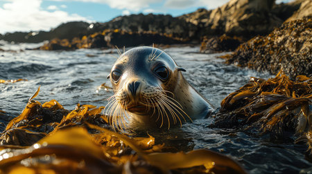 A curious seal pokes its head above the water, surrounded by vibrant seaweed in a picturesque coastal setting. The scene captures the serene beauty of marine wildlife.の素材