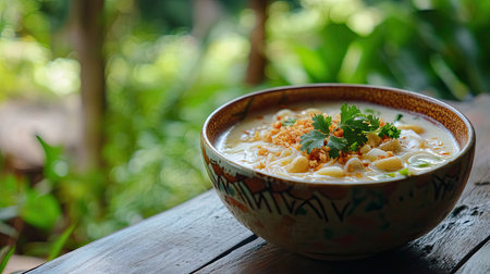 A vibrant bowl of fresh noodles topped with herbs, peanuts, and aromatic spices, showcasing a delightful meal in a serene outdoor setting surrounded by lush greenery.の素材