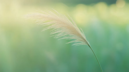 A close-up of a single stalk of pampas grass swaying gently in the breeze, illuminated by warm sunlight, creating a serene and tranquil atmosphere.の素材