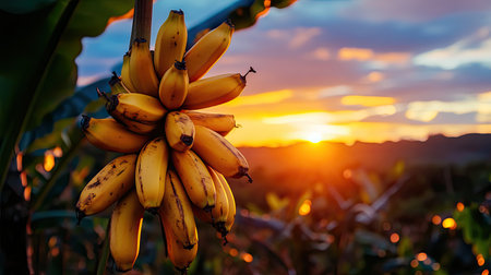 A vibrant bunch of ripe yellow bananas hangs against a stunning sunset, showcasing the beauty of nature. This image captures the essence of tropical agriculture and freshness.の素材