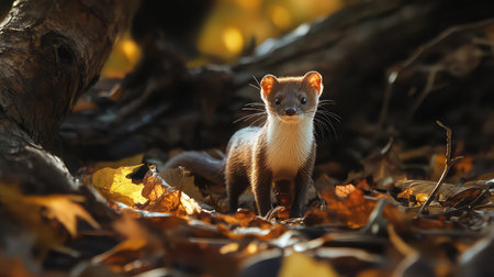 A curious weasel stands amidst colorful autumn leaves, showcasing its natural beauty and charm in a serene woodland environment. This captivating moment highlights wildlife behavior.の素材