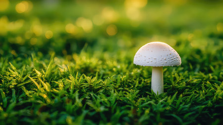 A delicate white mushroom stands gracefully amidst lush green moss, capturing the tranquility and beauty of nature's intricate design in this serene setting.の素材
