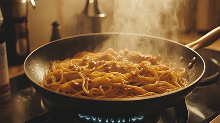 A mouthwatering scene showcasing steam rising from a freshly cooked pasta dish in a frying pan. The inviting aroma and warmth create a cozy kitchen atmosphere, perfect for culinary enthusiasts.の素材