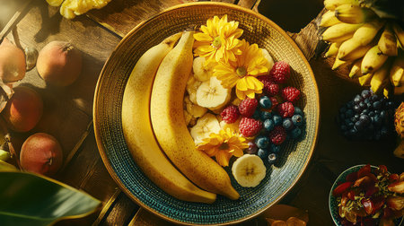 A vibrant fruit bowl featuring ripe bananas, assorted berries, and cheerful flowers, beautifully arranged on a rustic wooden table, perfect for a fresh and healthy lifestyle.の素材