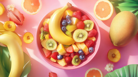 This stunning fruit bowl showcases a delightful mix of fresh tropical fruits arranged artfully on a pink background, perfect for promoting a healthy lifestyle.の素材