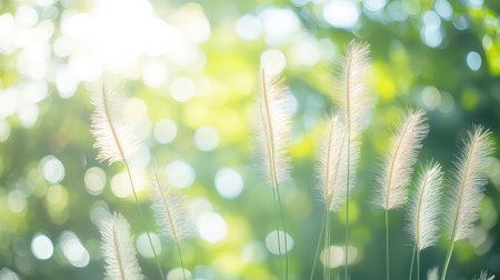 A serene image showcasing delicate grass stems softly illuminated by natural sunlight, creating a tranquil atmosphere against a lush green background.の素材