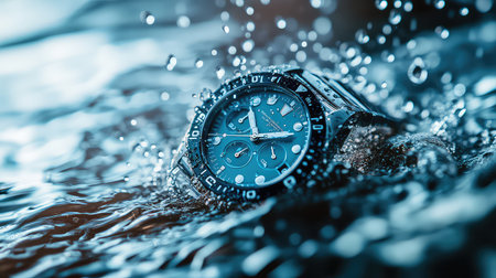 A captivating close-up of a stylish water-resistant watch immersed in water, showcasing splashes and droplets that emphasize its quality and design.の素材