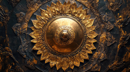 A stunning close-up of a golden floral pattern featuring a central circular motif, showcasing intricate details and rich textures against a dark backdrop.の素材