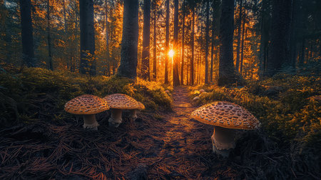 A stunning view of a forest at sunset featuring colorful mushrooms along a winding path. Soft sunlight filters through tall trees, illuminating the serene landscape.の素材