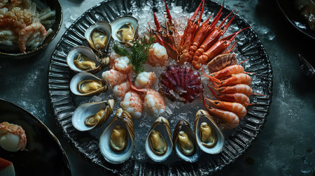 A stunning seafood platter featuring a variety of fresh shrimp, oysters, and crustaceans displayed on ice, perfect for gourmet dining and culinary showcases.の素材
